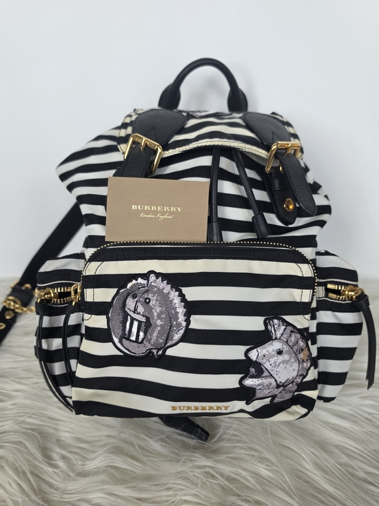 Burberry Handbags - Burberry Black & White Striped Backpack with Embroidered Patches